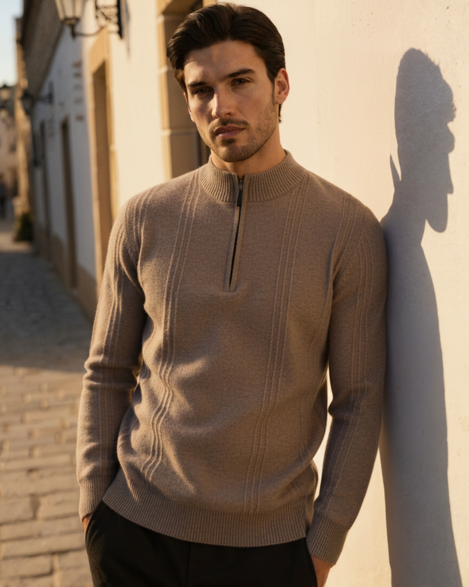 Pull à demi-zip en cachemire 100% côtelé